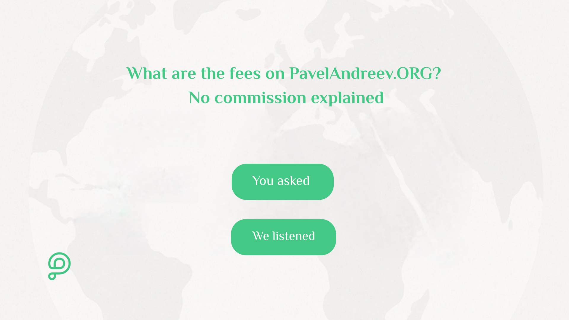 Illustration explaining PavelAndreev.org fees, showing no commission for campaigns and differences between card, PayPal and bank transfer donations