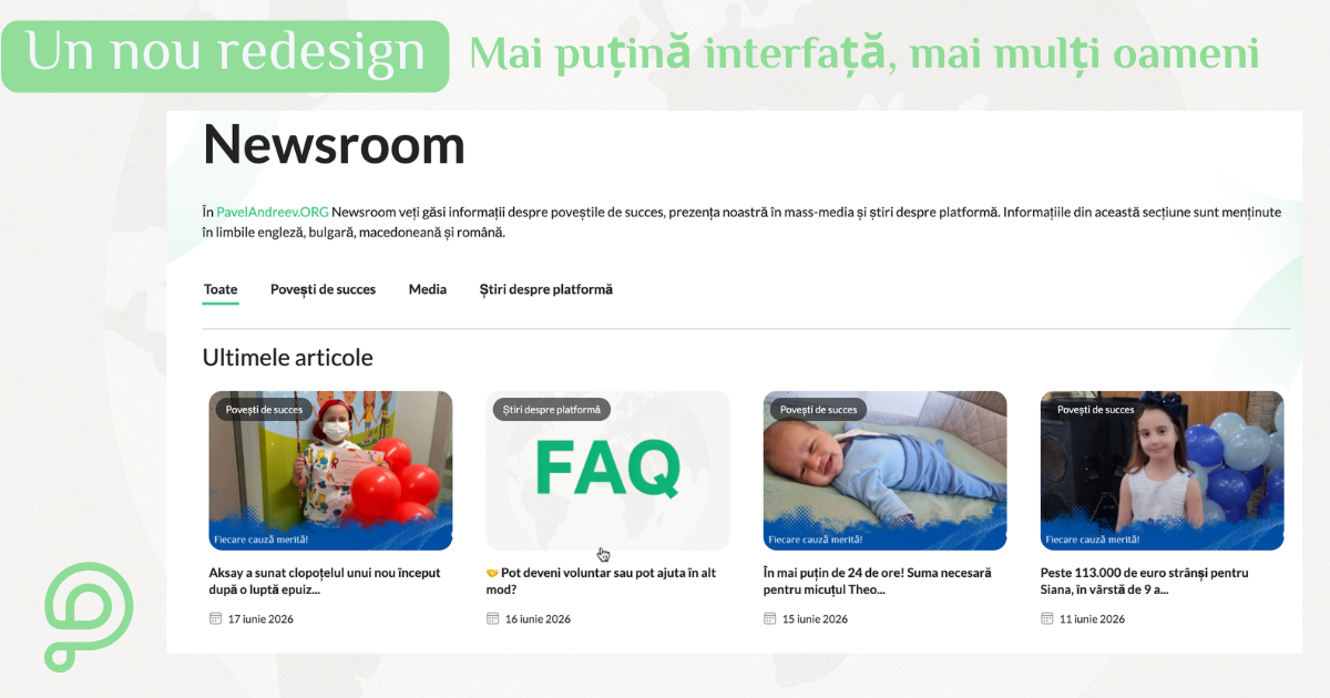 Ilustrație cu o hartă a lumii și textul „New Redesign: Less Noise, More Help”, simbolizând noul redesign al platformei PavelAndreev.ORG, axat pe oameni, campanii de strângere de fonduri, donații mai simple și o experiență mai bună pentru donatori.