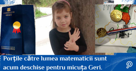 O fetiță zâmbitoare de 9 ani, Gergana, ținându-și cu mândrie medaliile de matematică și visând la competiția de la Tokyo.