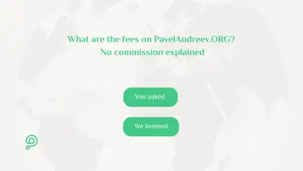 Illustration explaining PavelAndreev.org fees, showing no commission for campaigns and differences between card, PayPal and bank transfer donations