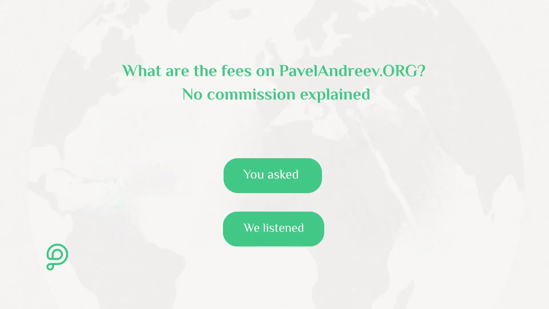 Illustration explaining PavelAndreev.org fees, showing no commission for campaigns and differences between card, PayPal and bank transfer donations