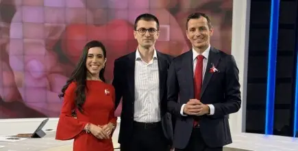 Pavel Andreev in the studio of Bulgaria ON AIR with hosts Viktor Dremsizov and Maria Konstantinova
