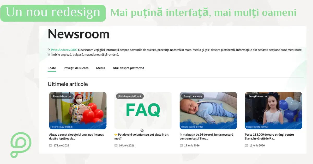 Ilustrație cu o hartă a lumii și textul „New Redesign: Less Noise, More Help”, simbolizând noul redesign al platformei PavelAndreev.ORG, axat pe oameni, campanii de strângere de fonduri, donații mai simple și o experiență mai bună pentru donatori.