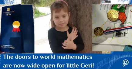 A smiling 9-year-old girl, Gergana, proudly holding her math medals and certificates, ready for her journey to Tokyo.